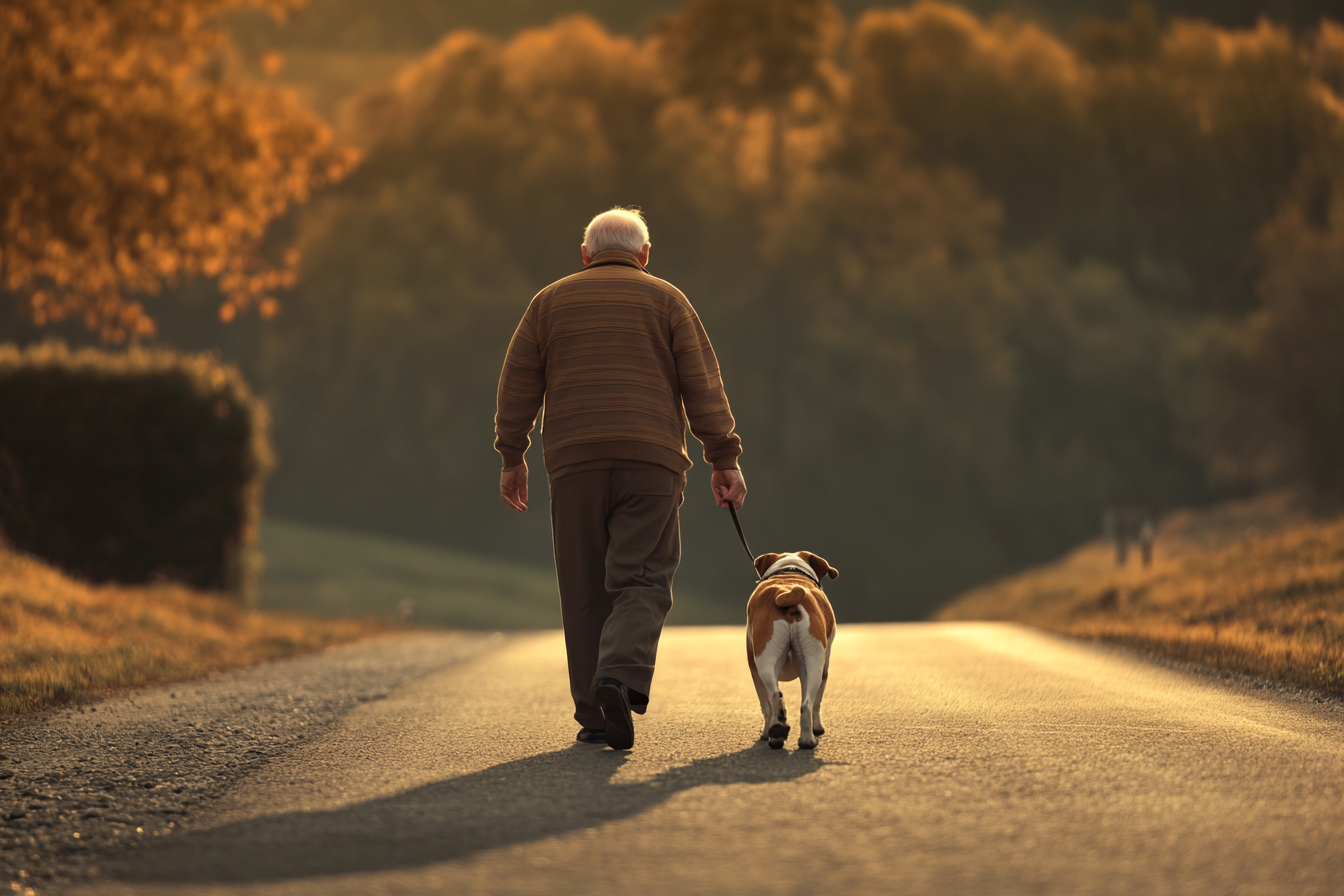 Un hombre mayor paseando con su perro por la carretera | Fuente: Midjourney