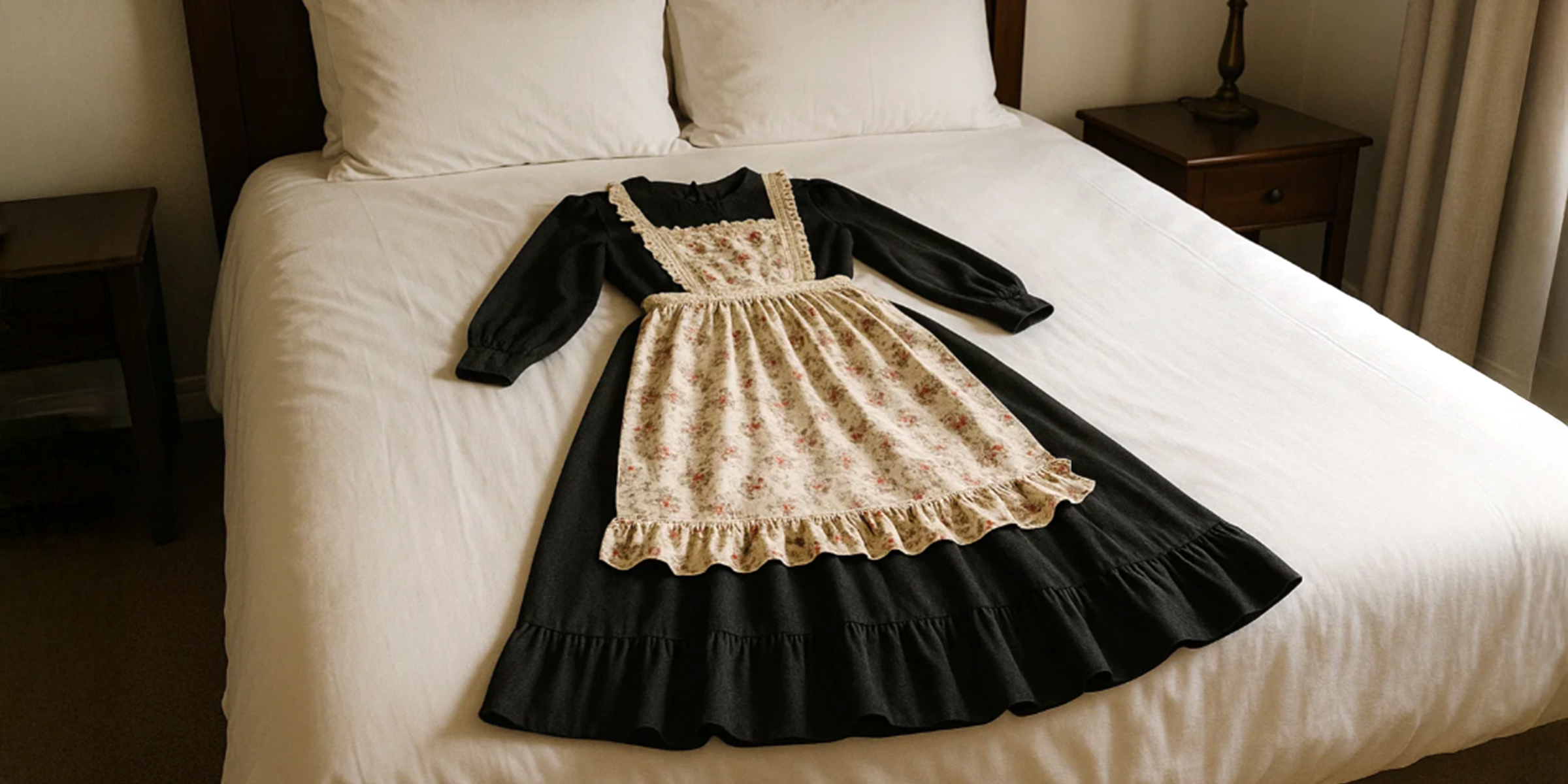 Un vestido negro y un delantal con volados colocados sobre una cama | Fuente: The Celebritist