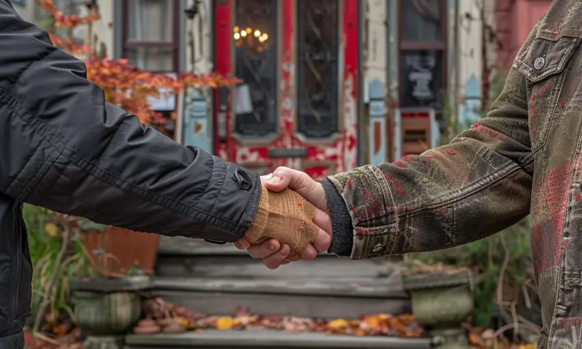 Ben, el nuevo propietario, estrechando la mano de Alex tras la venta de la casa| Fuente: Midjourney