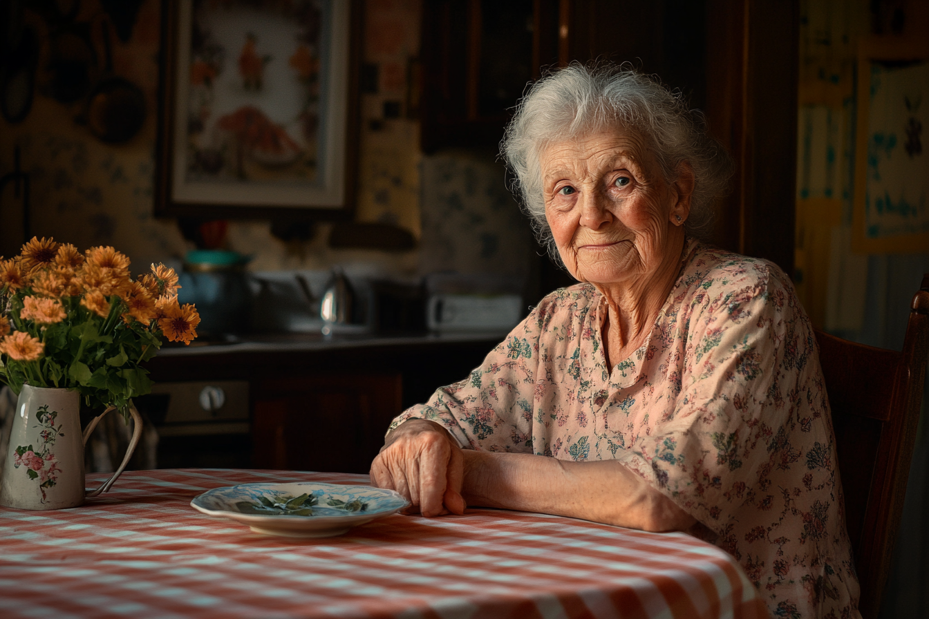 Una anciana sentada a la mesa de la cocina | Fuente: Midjourney