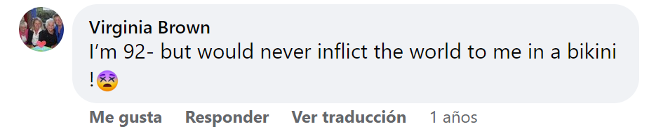 "Yo tengo 92 - ¡Pero nunca obligaría a que el mundo me viera en bikini!" | Una usuaria de Facebook de 92 años arremete contra Joan Woodhouse por llevar bikinis, a pesar de su avanzada edad. | Foto: facebook.com/thesun