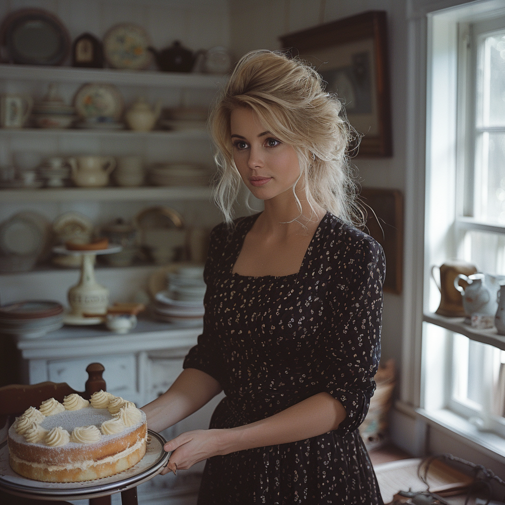 Ella con un pastel | Fuente: Midjourney