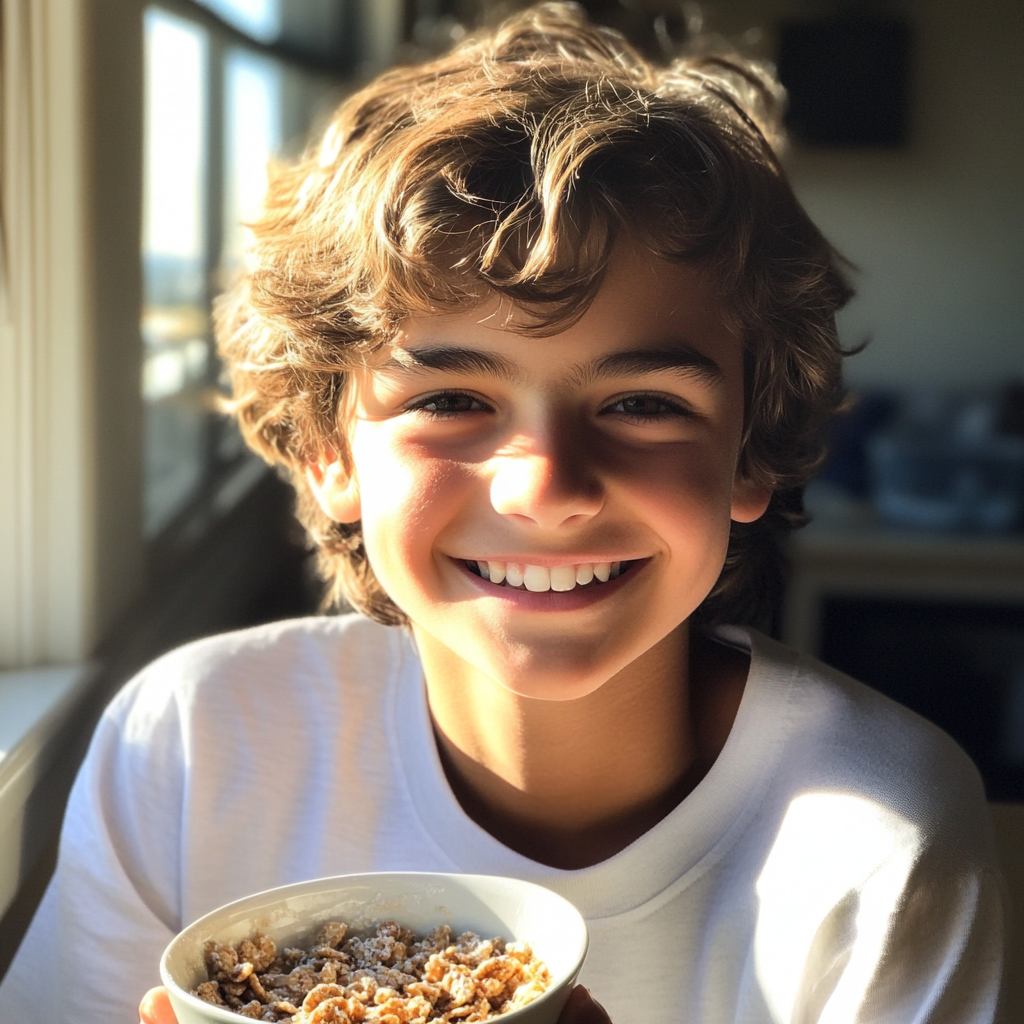 Un niño con un bol de cereales en la mano | Fuente: Midjourney