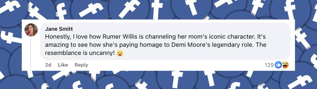 Comentario de un internauta apoyando a Rumer Willis por llevar el icónico bikini de su madre Demi Moore, y destacando su parecido físico, publicado el 9 de marzo de 2025 | Fuente: Facebook/peoplemag