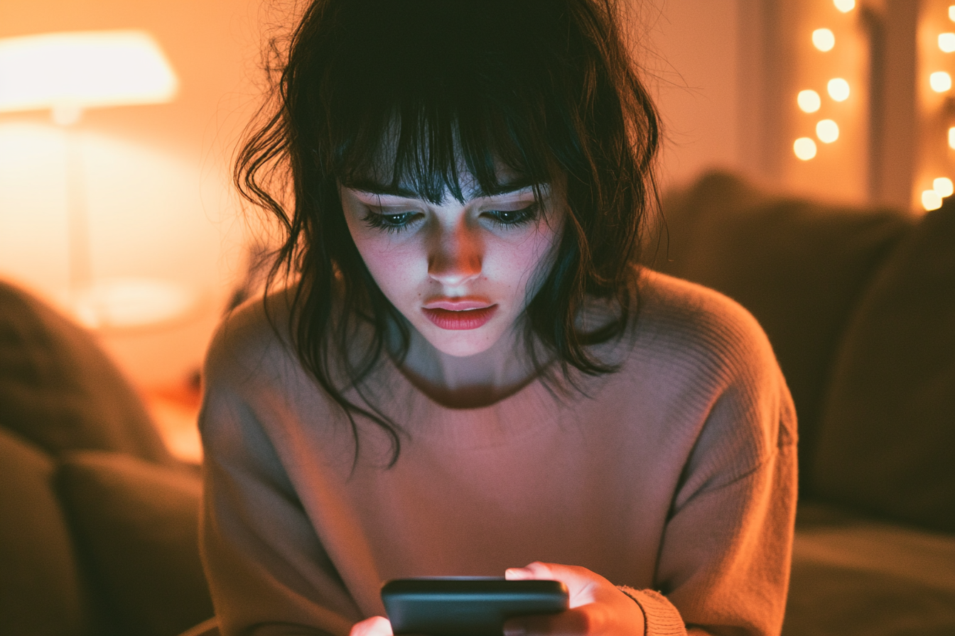 Una mujer emocional tecleando en su teléfono | Fuente: Midjourney