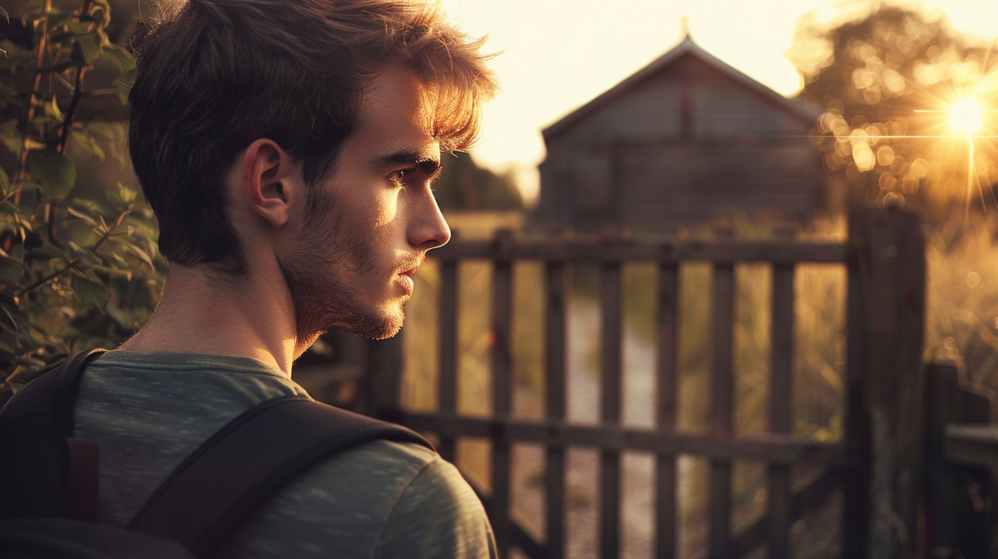 Un joven frente a una casa de campo | Fuente: Midjourney