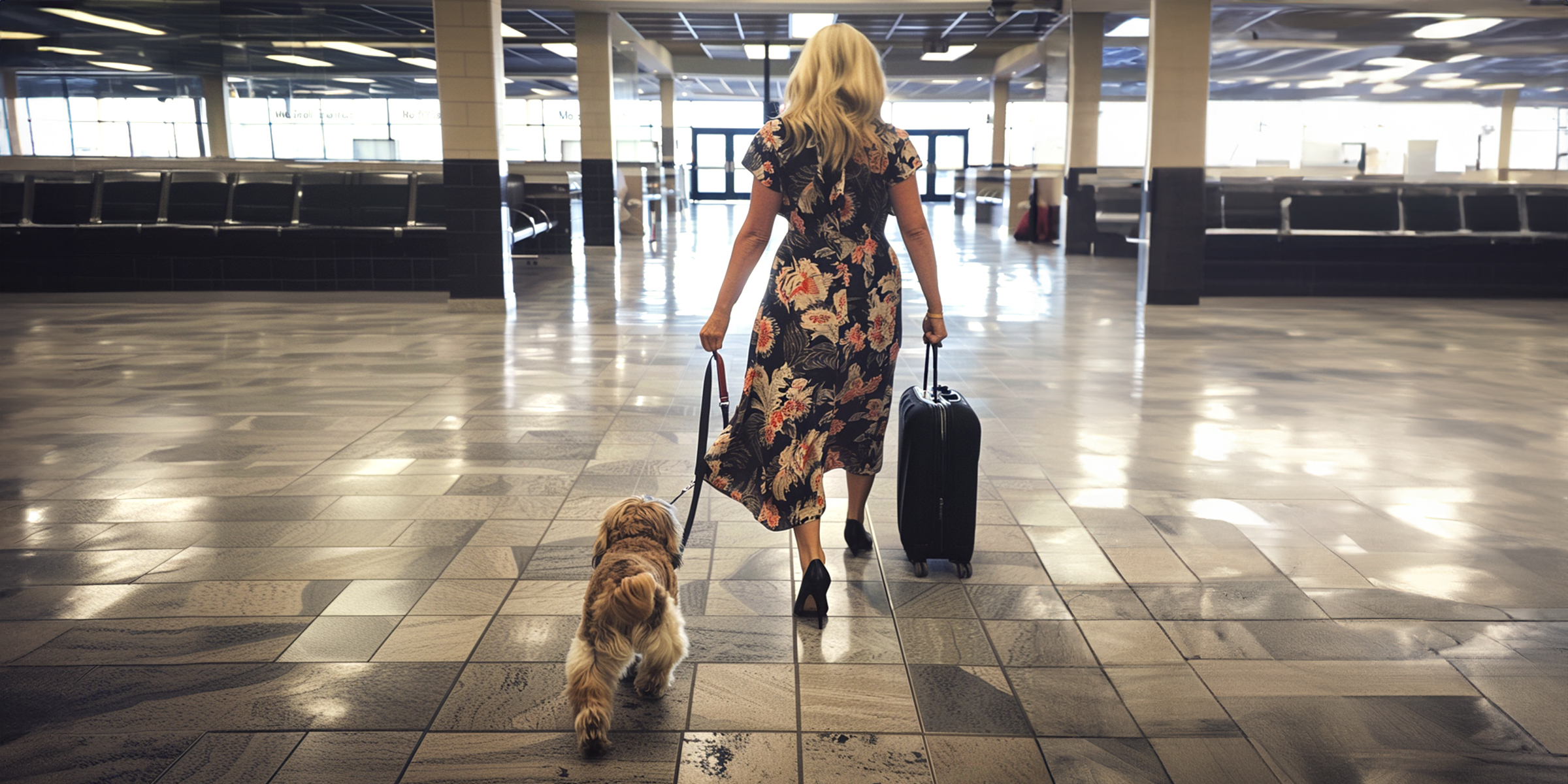 Mujer lleva a un perro por el aeropuerto | Fuente: AmoMama