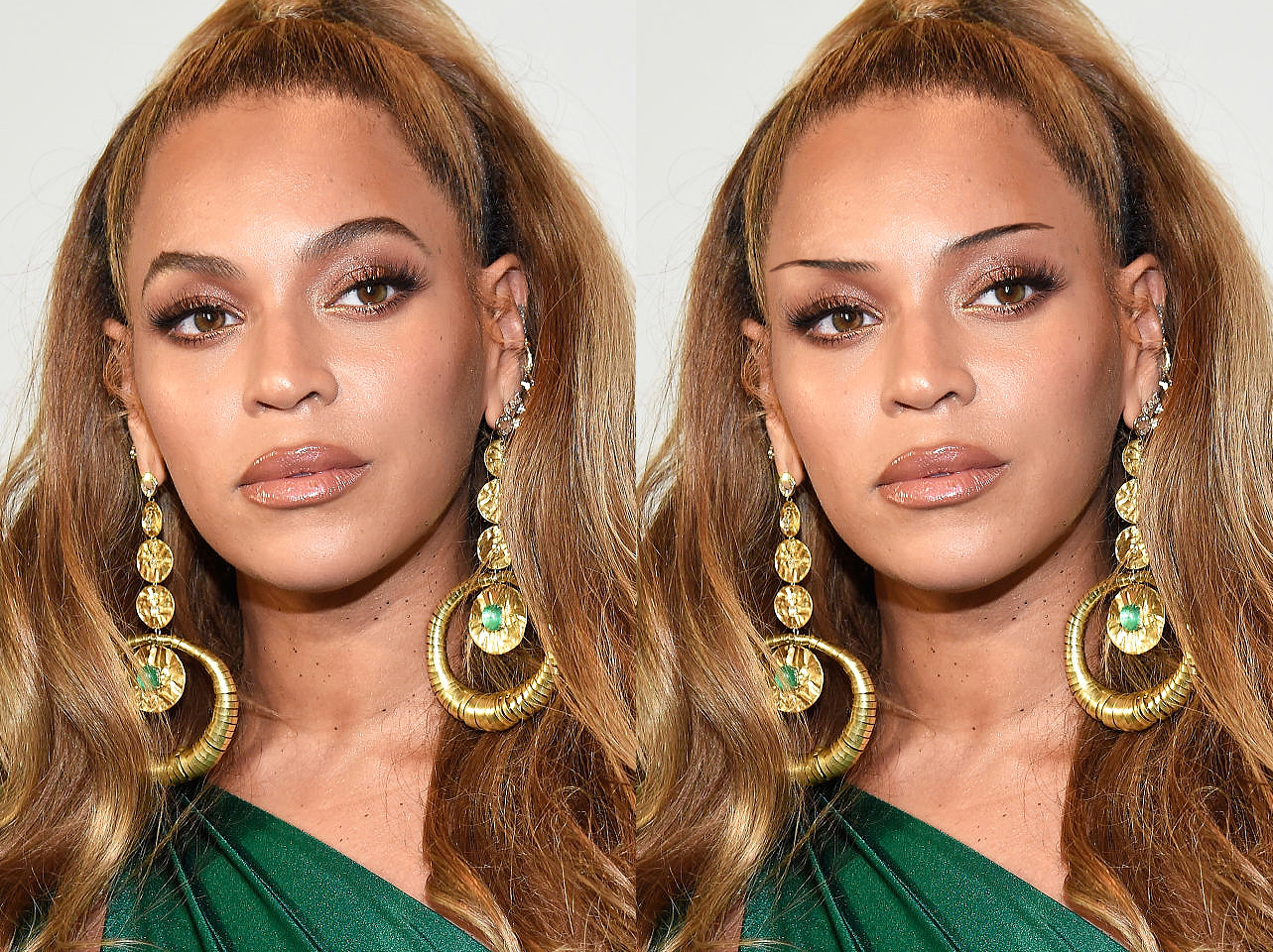 Las cejas características de Beyonce de 2017 frente a un look de cejas finas editado digitalmente | Fuente: Getty Images