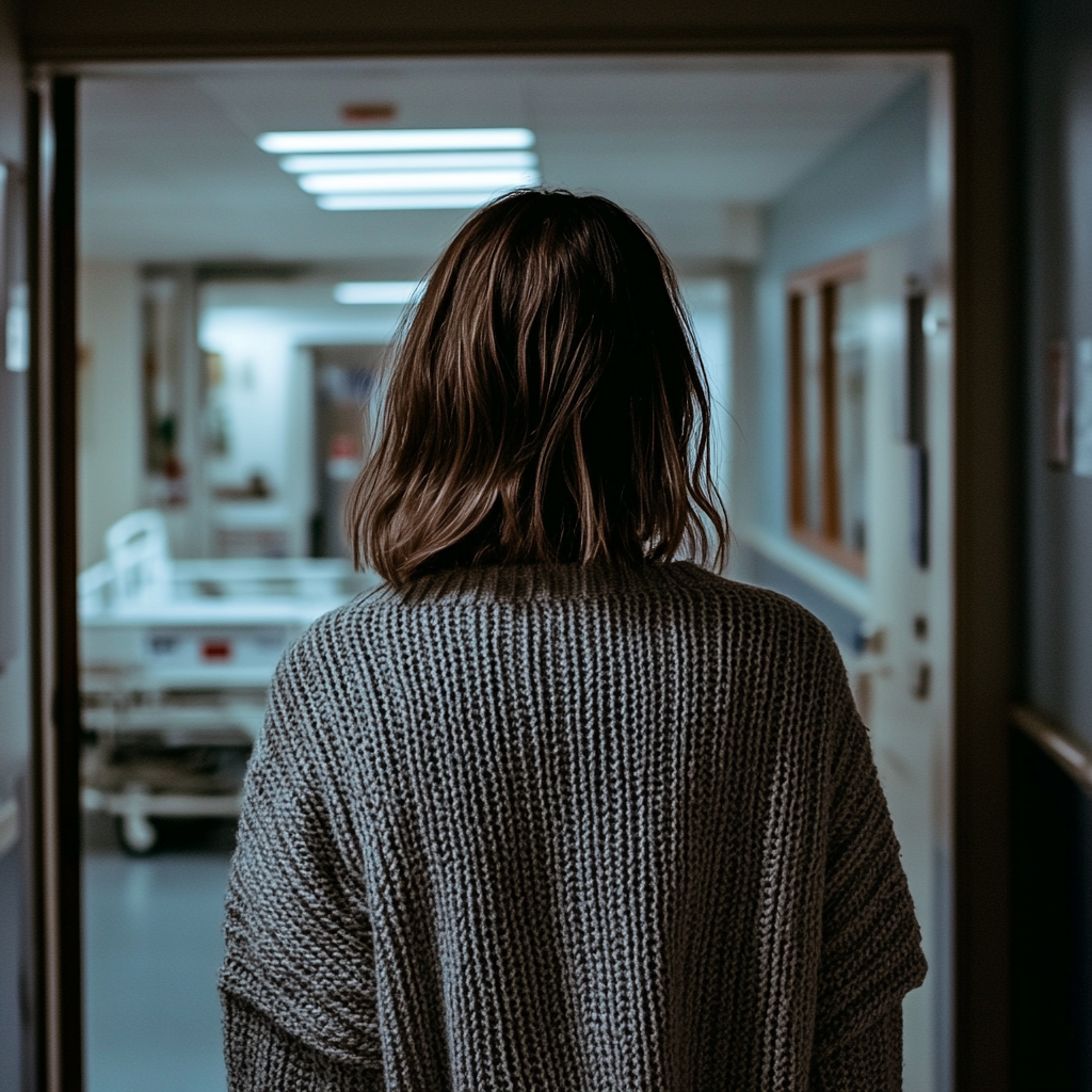 Una mujer saliendo de una habitación de hospital | Fuente: Midjourney