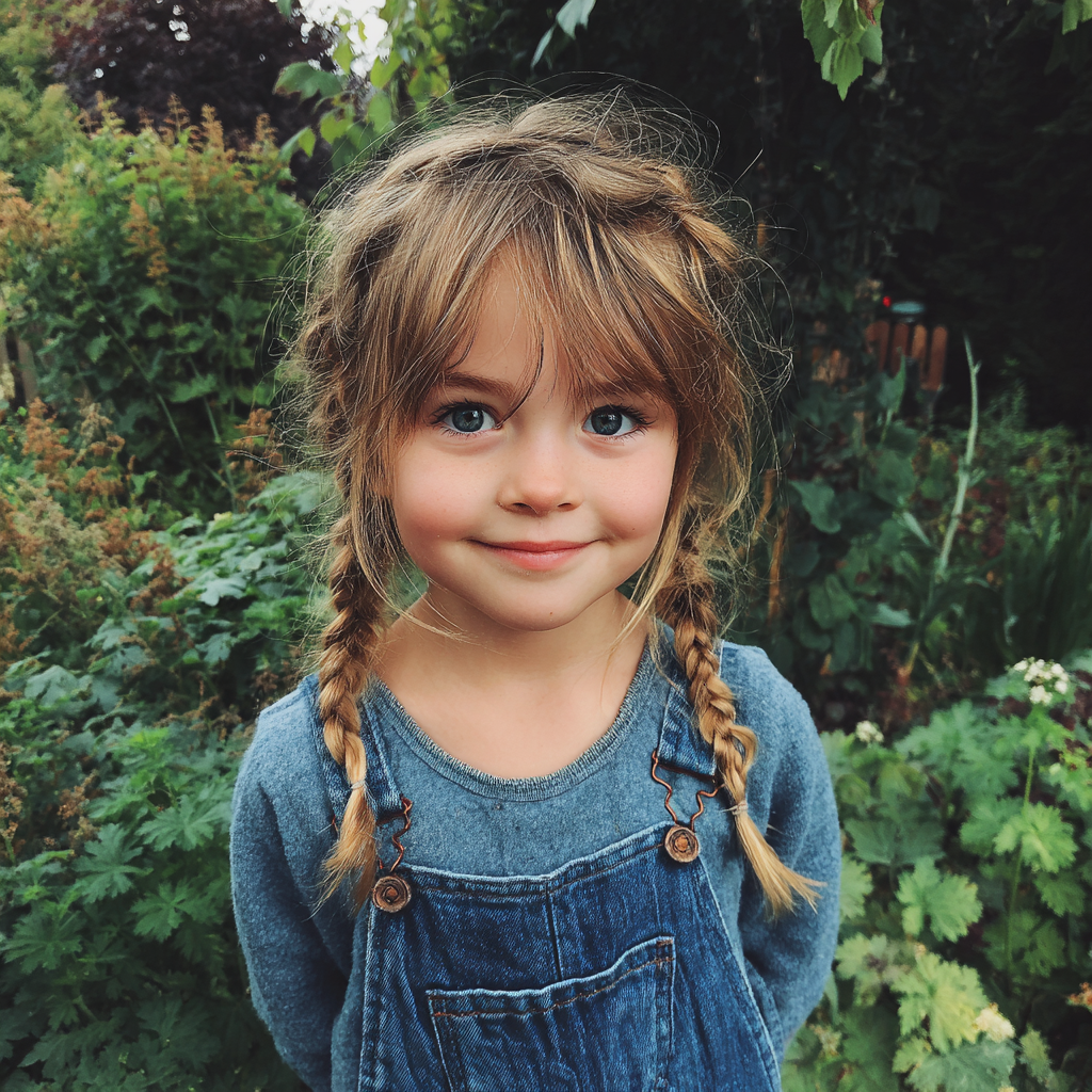 Una niña sonriente de pie afuera | Fuente: Midjourney