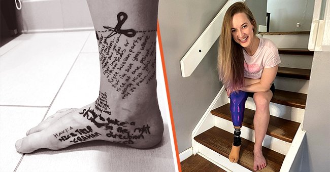 A la derecha, Jo Beckwith con su pierna protésica. En la izquierda, una foto de su pie con notas de despedida. | Foto: Instagram.com/footlessjo