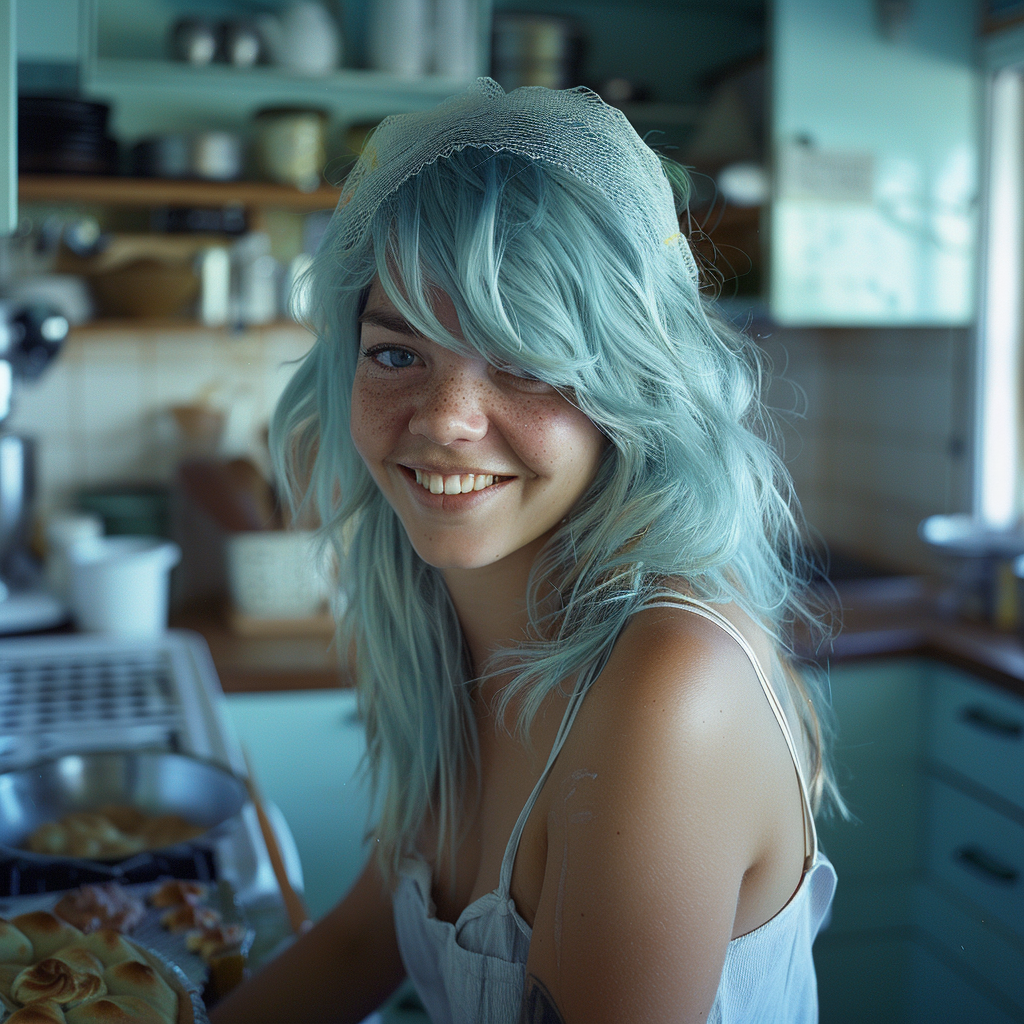 Una mujer feliz con el pelo azul en una panadería | Fuente: Midjourney