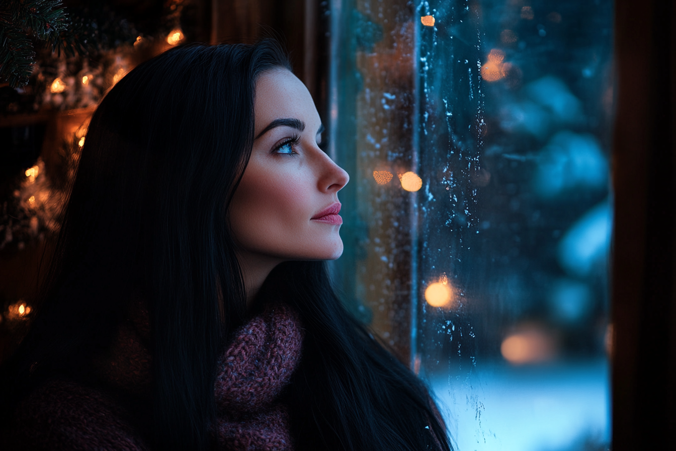 Una mujer mira por la ventana un patio nevado | Fuente: Midjourney