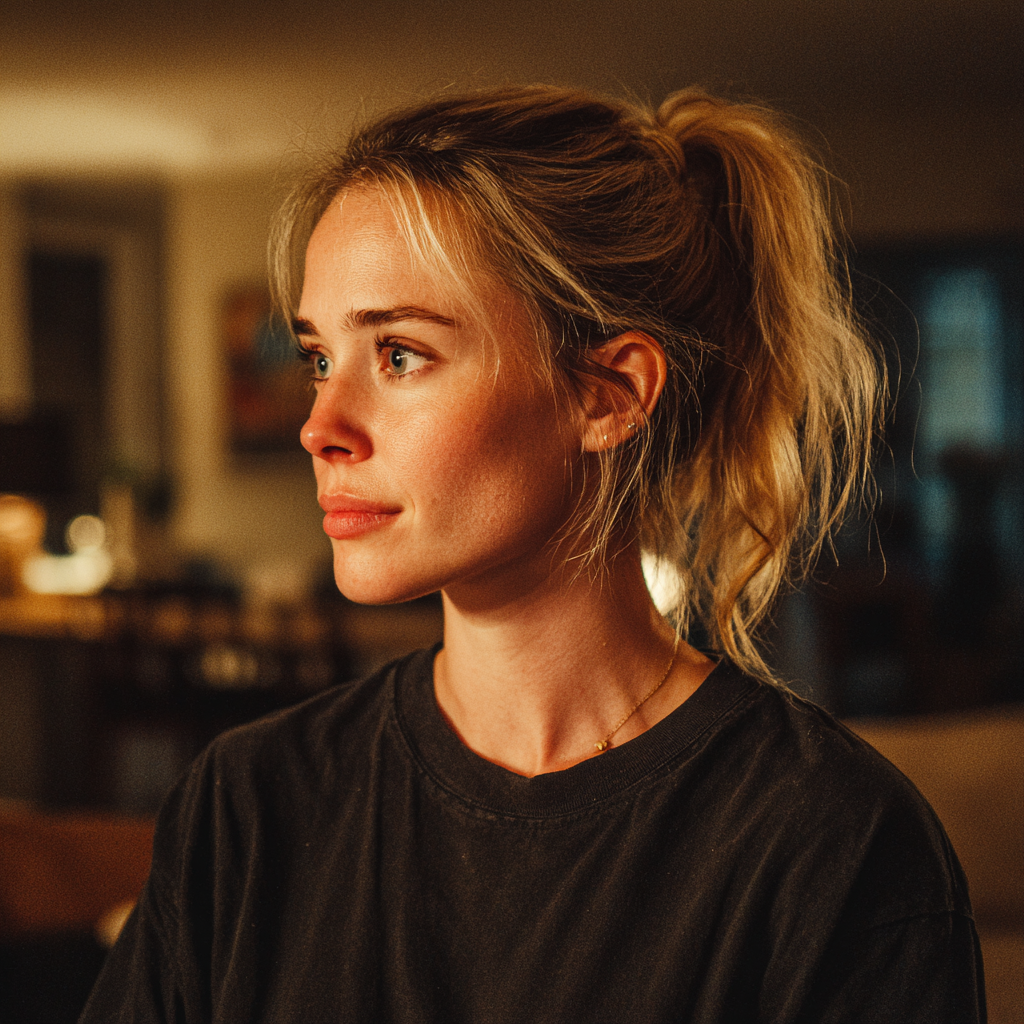 Una mujer emocionada de pie en una sala de estar | Fuente: Midjourney