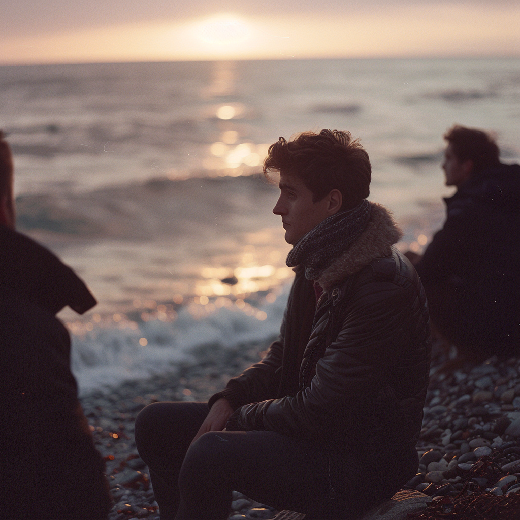 Tres personas conversando en una playa | Fuente: Midjourney
