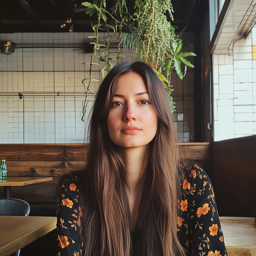 Una mujer sentada en una cafetería | Fuente: Midjourney