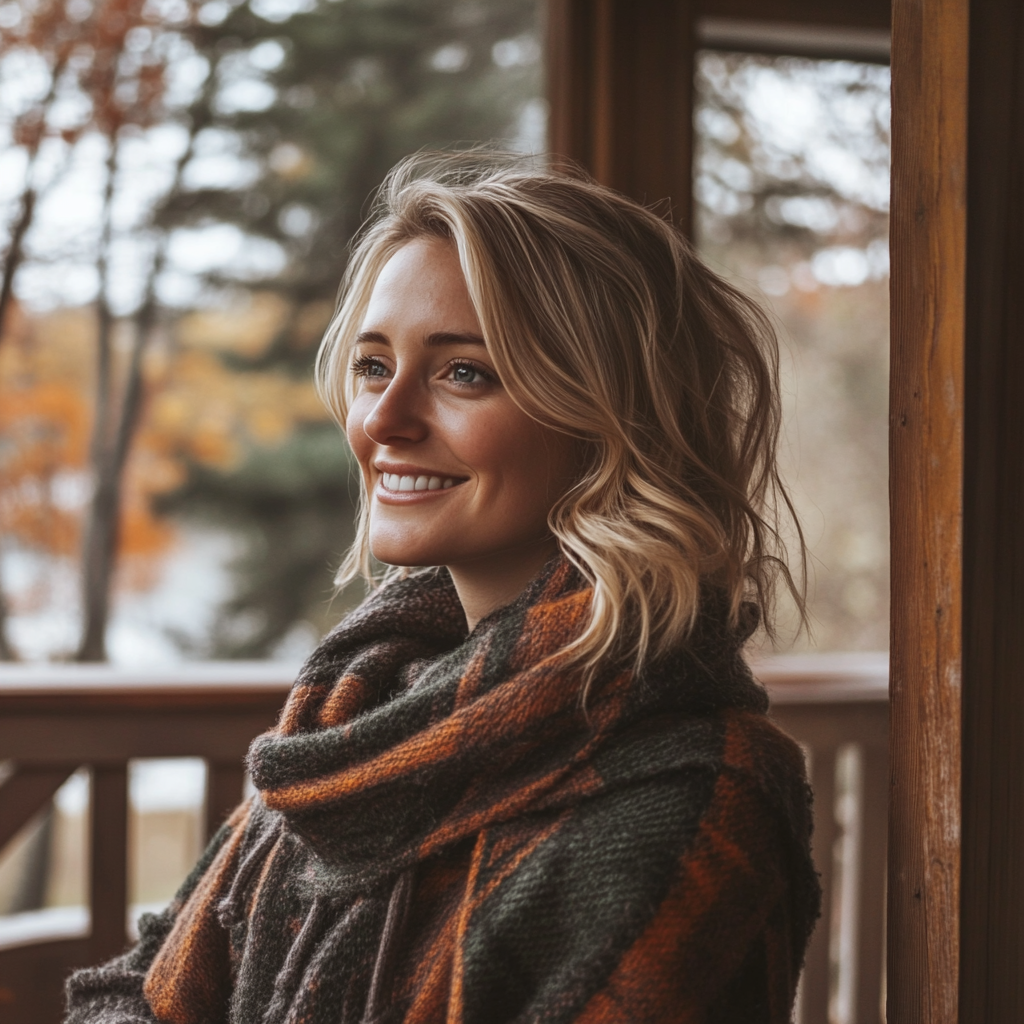 Una mujer rubia sonriente en su porche ⏐ Fuente: Midjourney