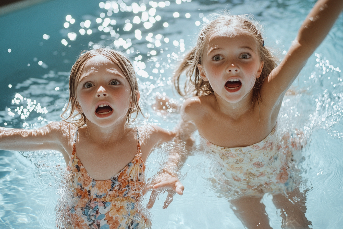 Niñas con expresiones de asombro pierden el equilibrio y caen en una piscina, con los brazos agitándose en el aire. | Fuente: Midjourney