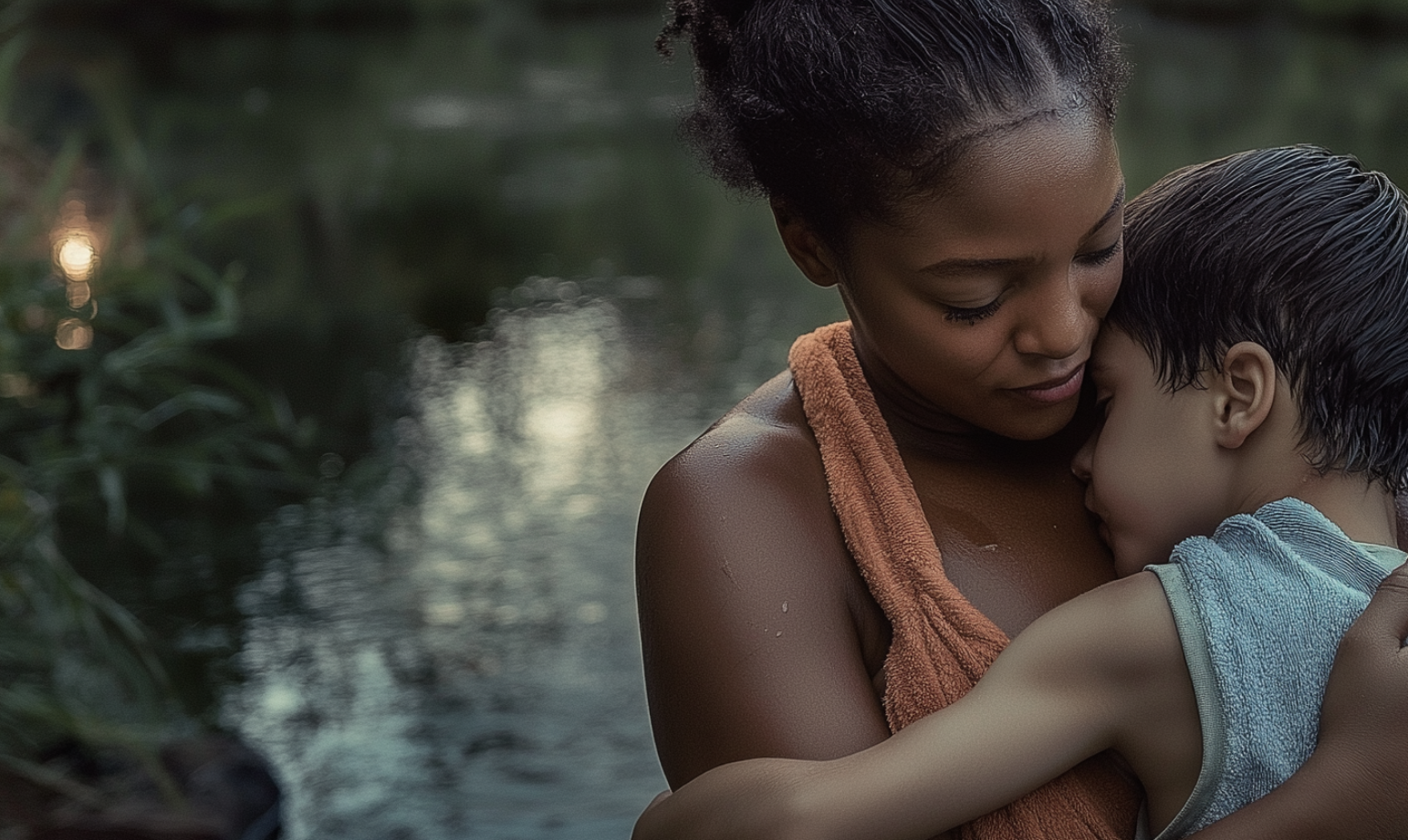 Una mujer abraza a su hijo cerca de un estanque | Fuente: Midjourney