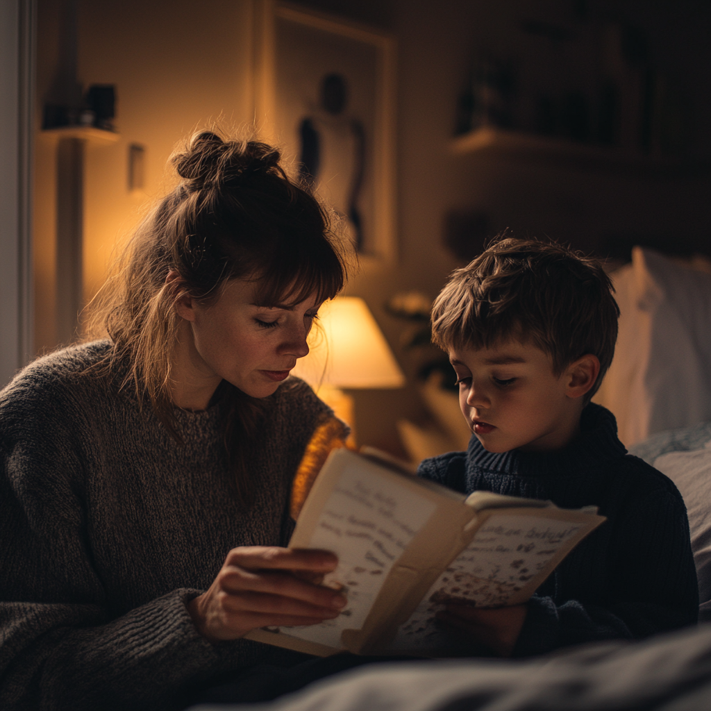 Mujer narrando cuentos a su hijo antes de dormir | Fuente: Midjourney