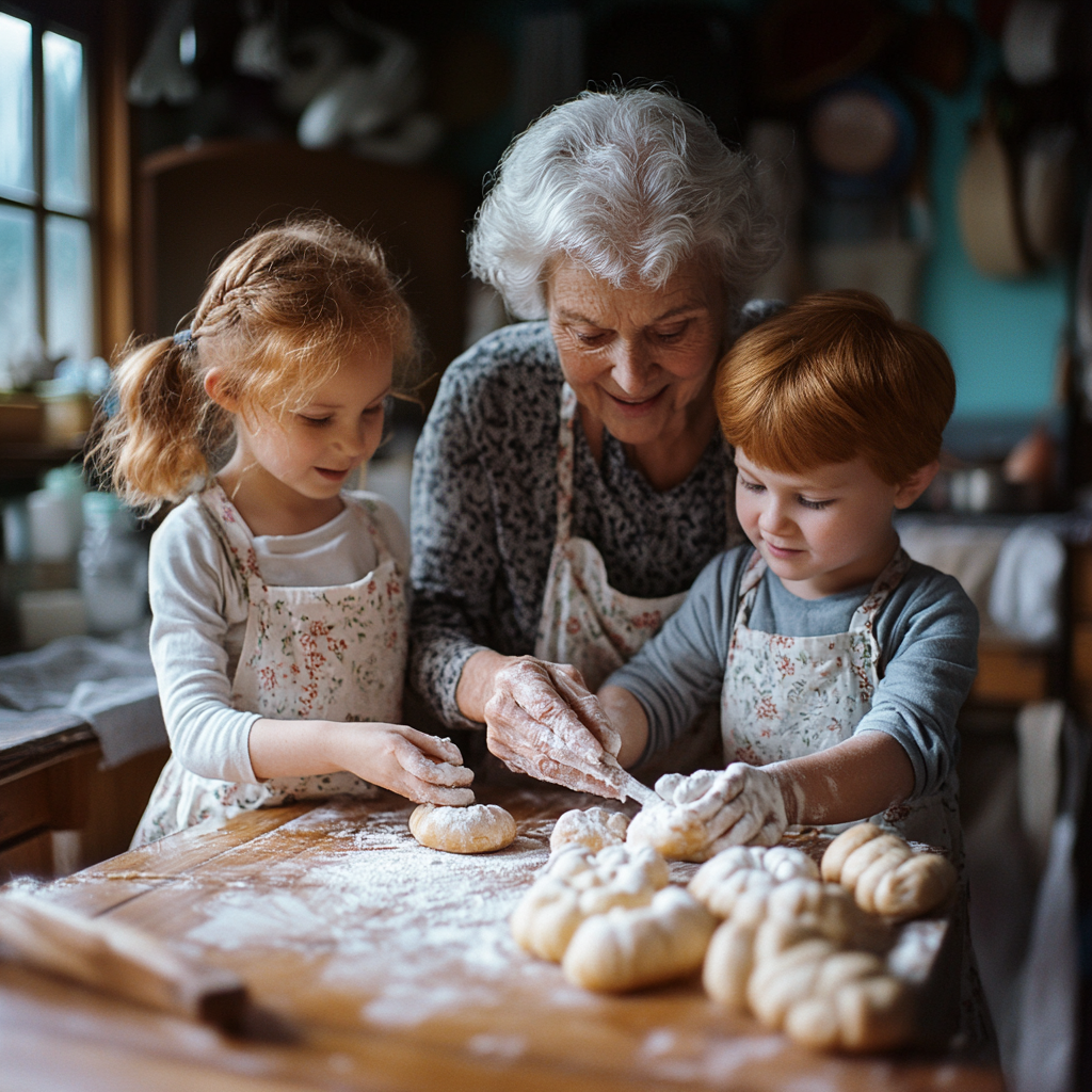 Una abuela feliz con sus nietos | Fuente: Midjourney