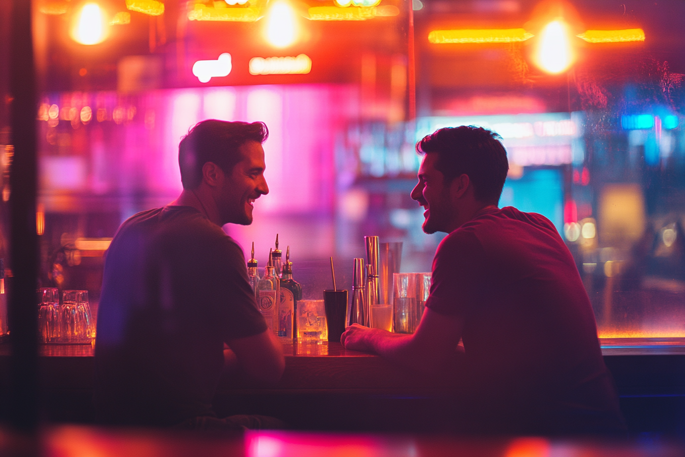 Dos hermanos riendo sentados en un bar | Fuente: Midjourney