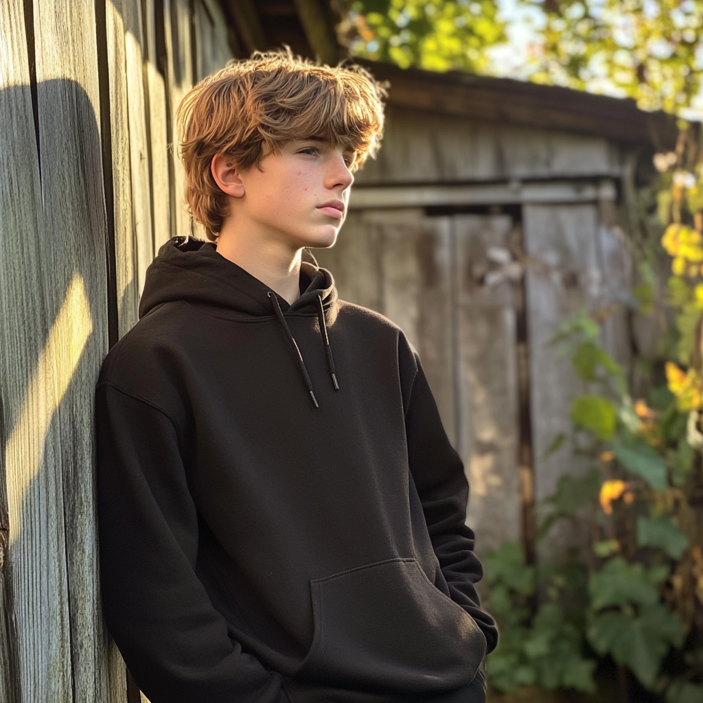 Un adolescente apoyado en un cobertizo | Fuente: Midjourney