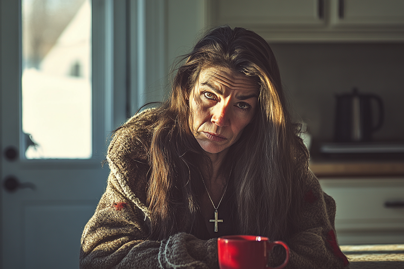 Una mujer de unos 60 años sentada tristemente a la mesa de la cocina con una taza de té | Fuente: Midjourney