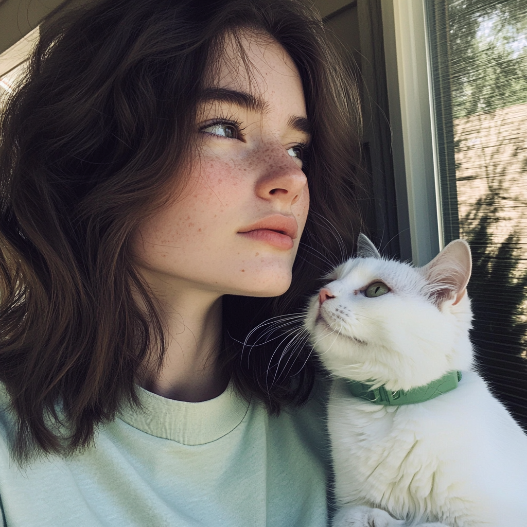 Una adolescente sentada con su gato | Fuente: Midjourney