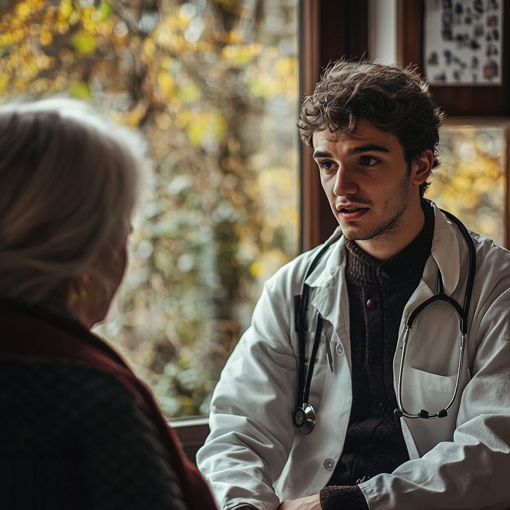 Madre e hijo manteniendo una conversación | Fuente: Midjourney