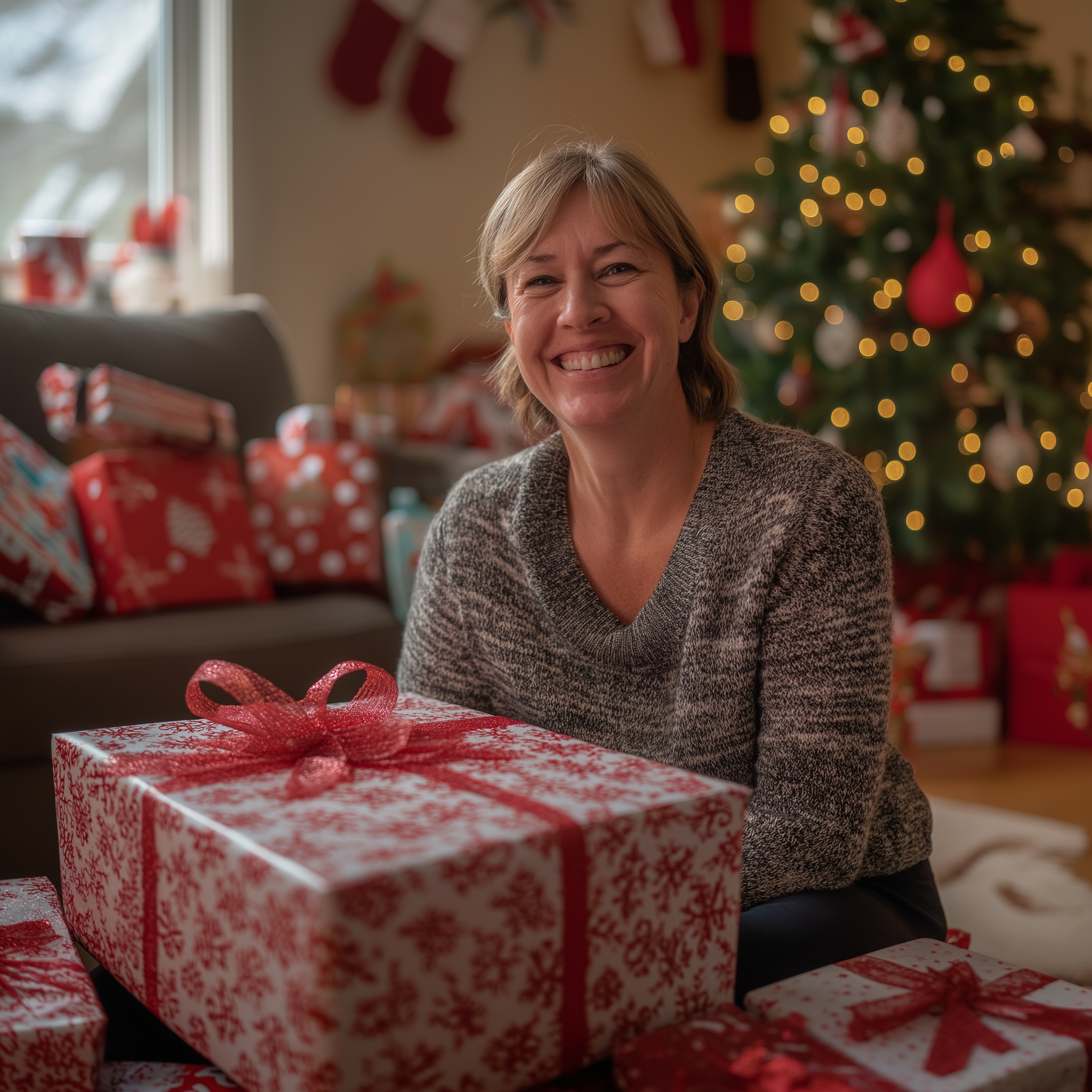 Una mujer se pone feliz y se emociona mientras está rodeada de regalos de Navidad | Fuente: Midjourney