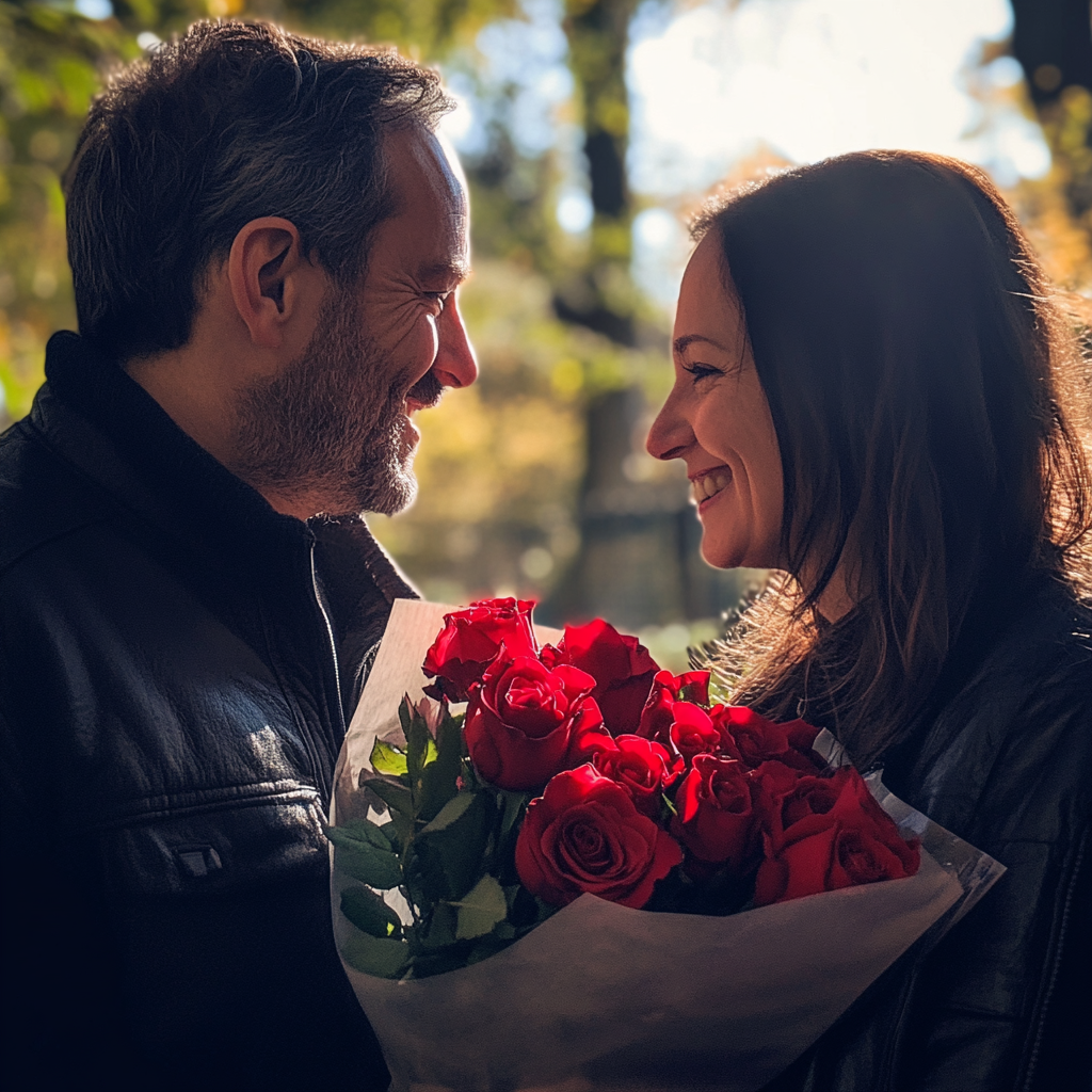 Una pareja con un ramo de rosas | Fuente: Midjourney