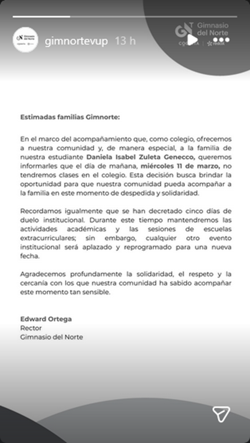 Comunicado del colegio Gimnasio del Norte, donde Daniela cursaba sus estudios | Fuente: Instagram/gimnortevup