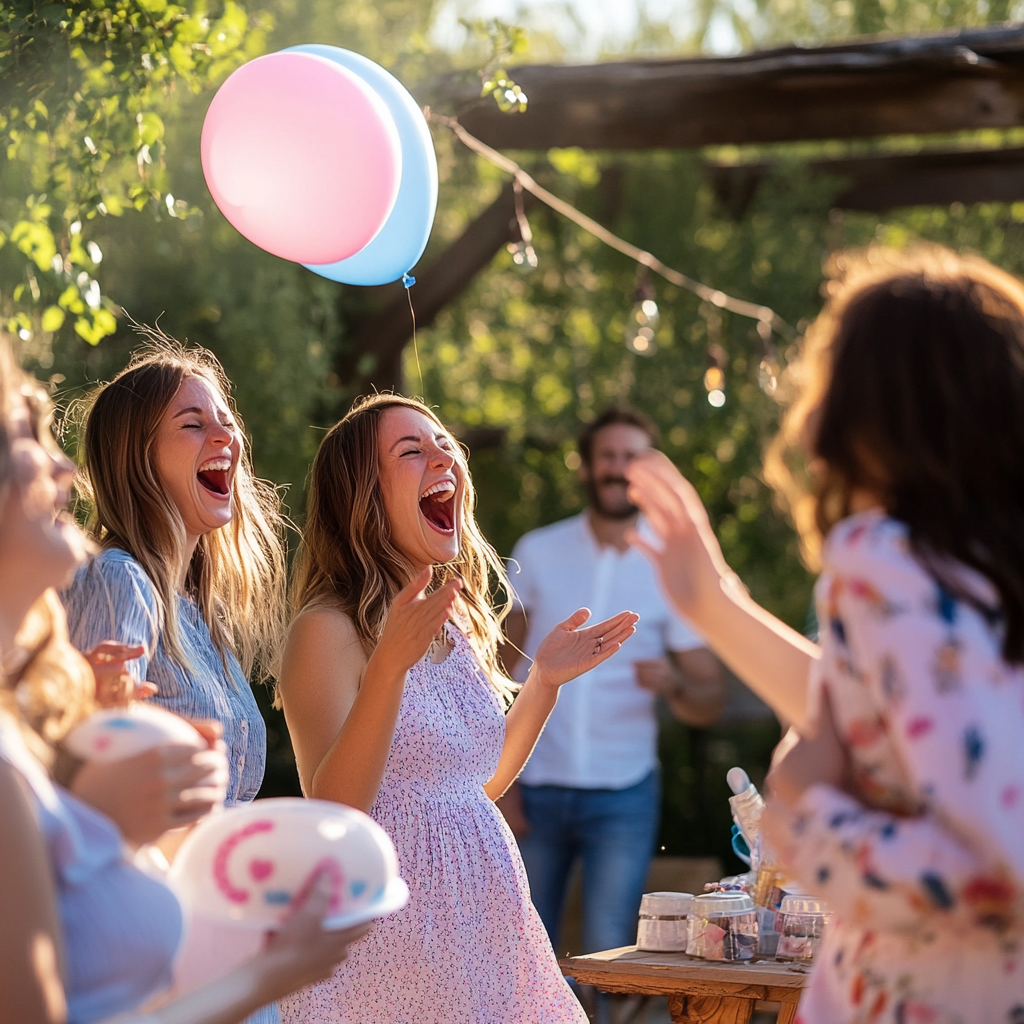 Invitados emocionados en una fiesta de revelación de género al aire libre | Fuente: Midjourney