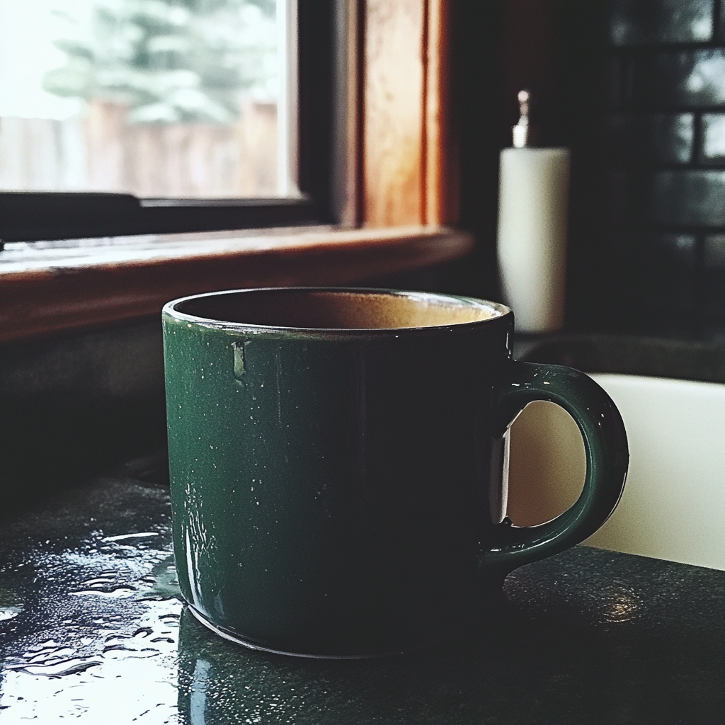 Una taza verde en la encimera de la cocina | Fuente: Midjourney