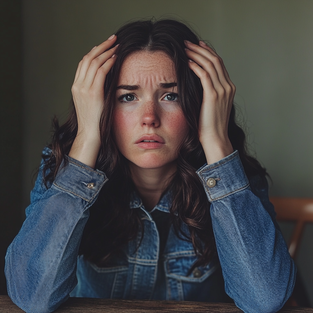 Una mujer sentada en una mesa y sujetándose la cabeza | Fuente: Midjourney
