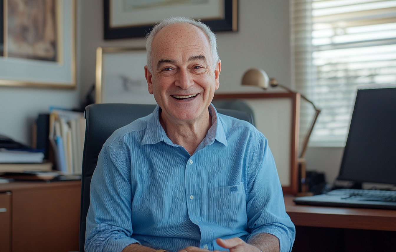 Hombre de unos 60 años sentado en un despacho y sonriendo | Fuente: Midjourney