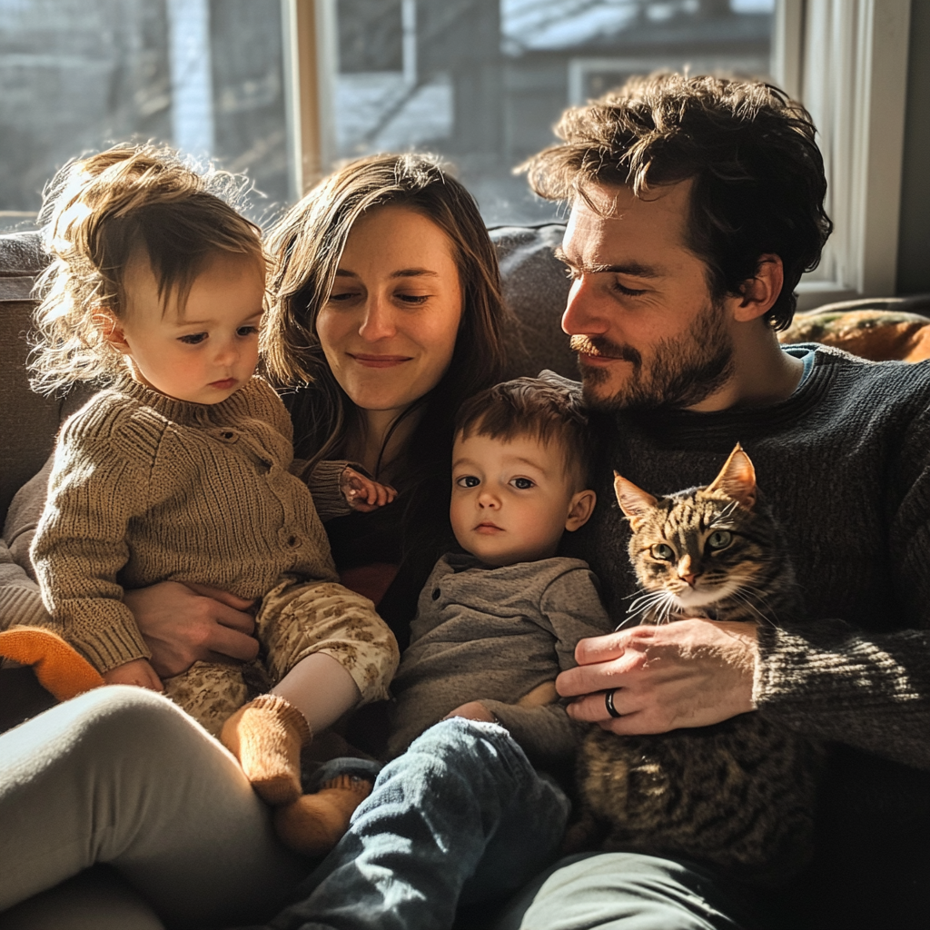 Una pareja con sus hijos y un gato | Fuente: Midjourney