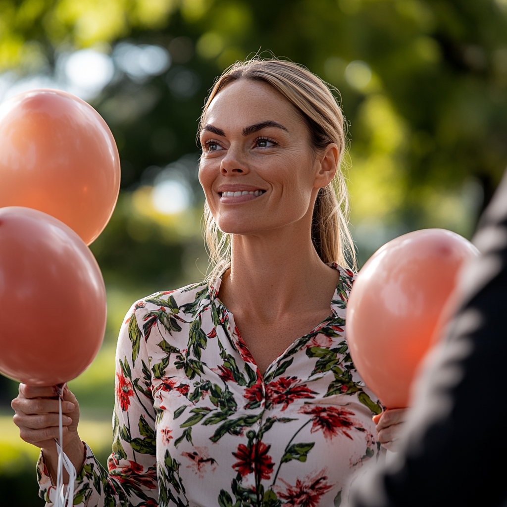 Una mujer con globos sonríe | Fuente: Midjourney