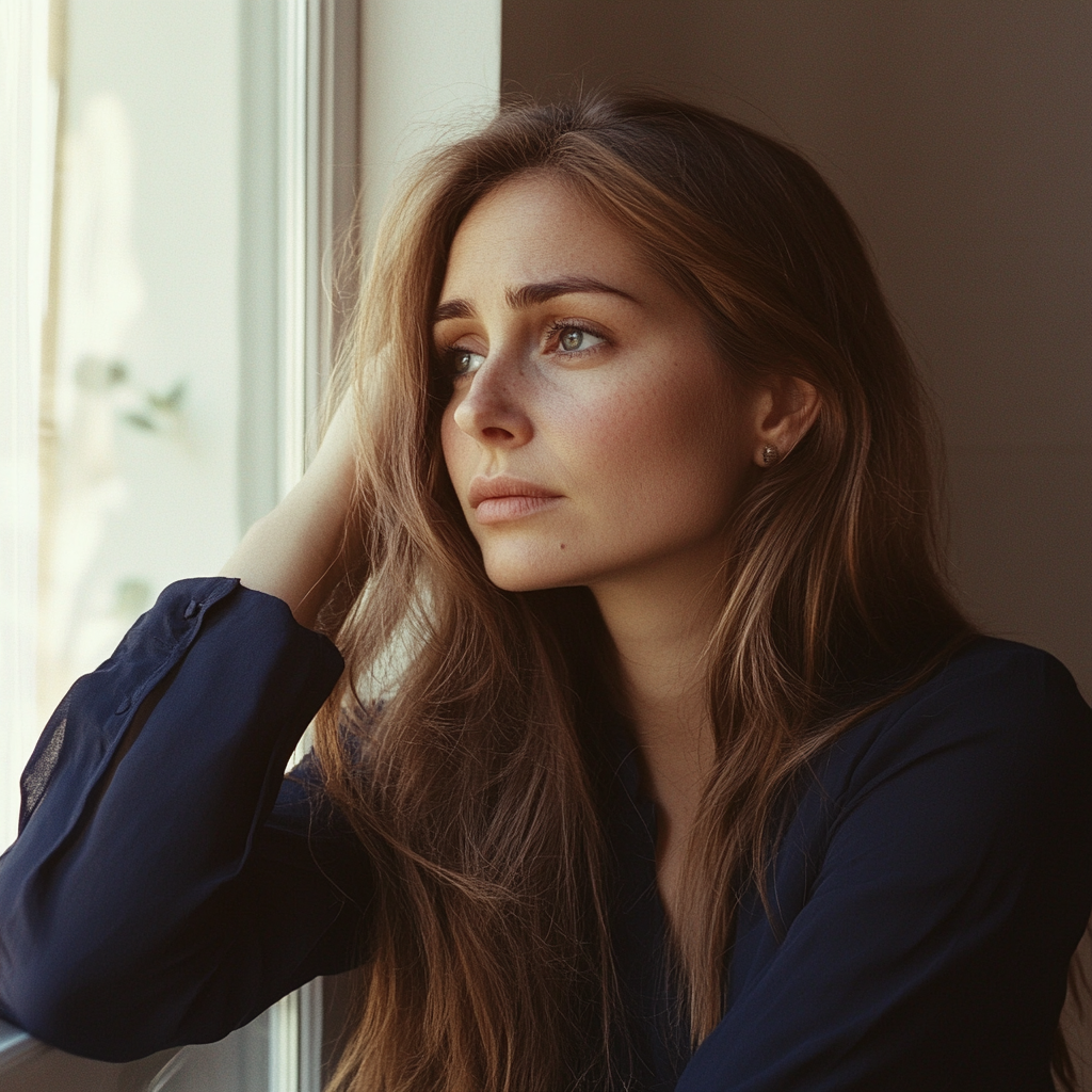Una mujer sentada mirando por una ventana | Fuente: Midjourney