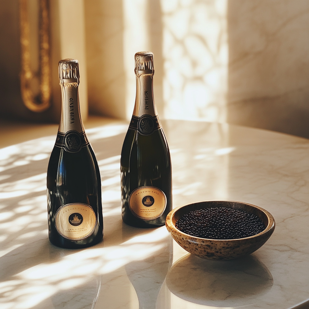 Champán y caviar sobre una mesa | Fuente: Midjourney