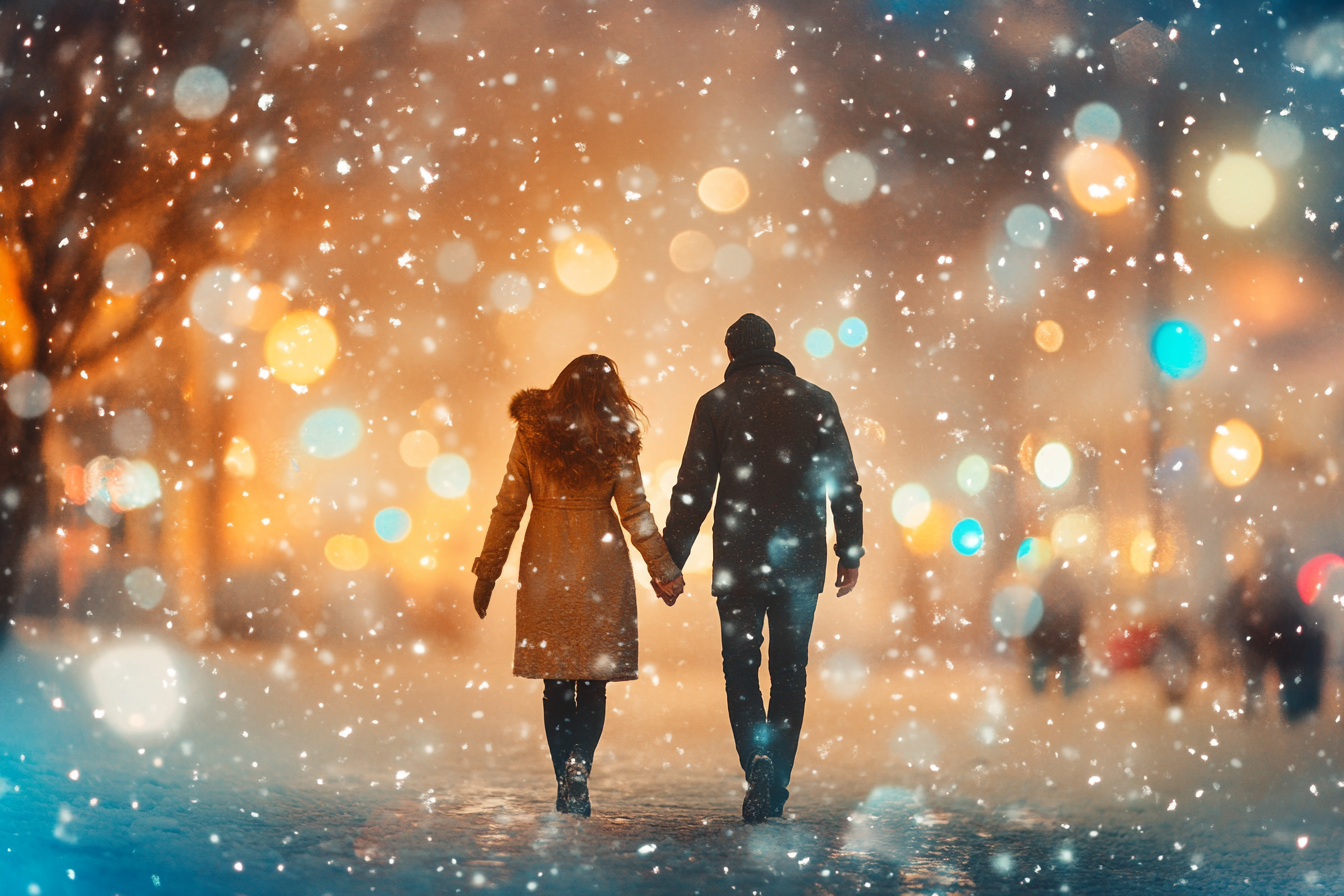 Una pareja paseando por la nieve | Fuente: Midjourney