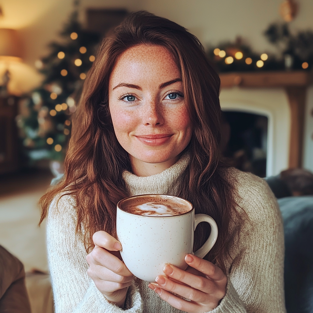 Una mujer con una taza de chocolate caliente en la mano | Fuente: Midjourney