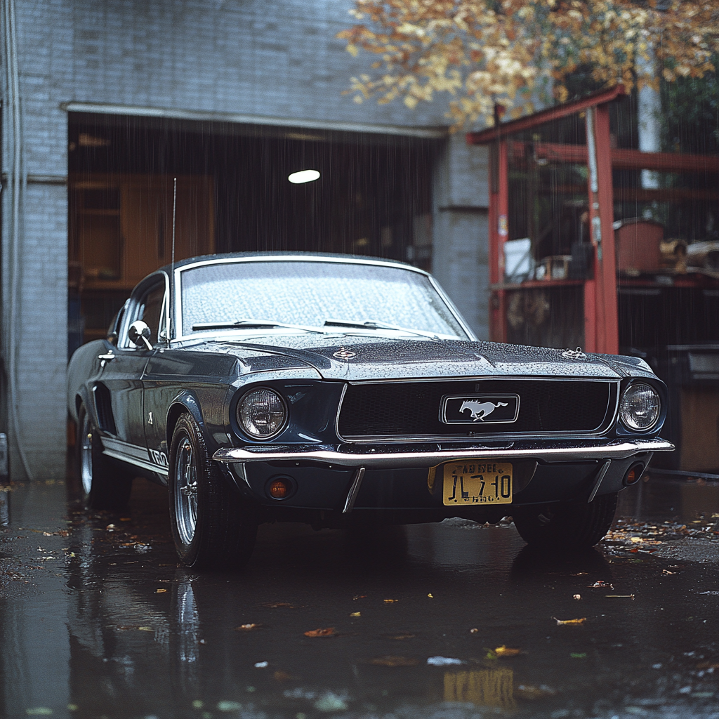 Un Ford Mustang aparcado delante de un taller | Fuente: Midjourney