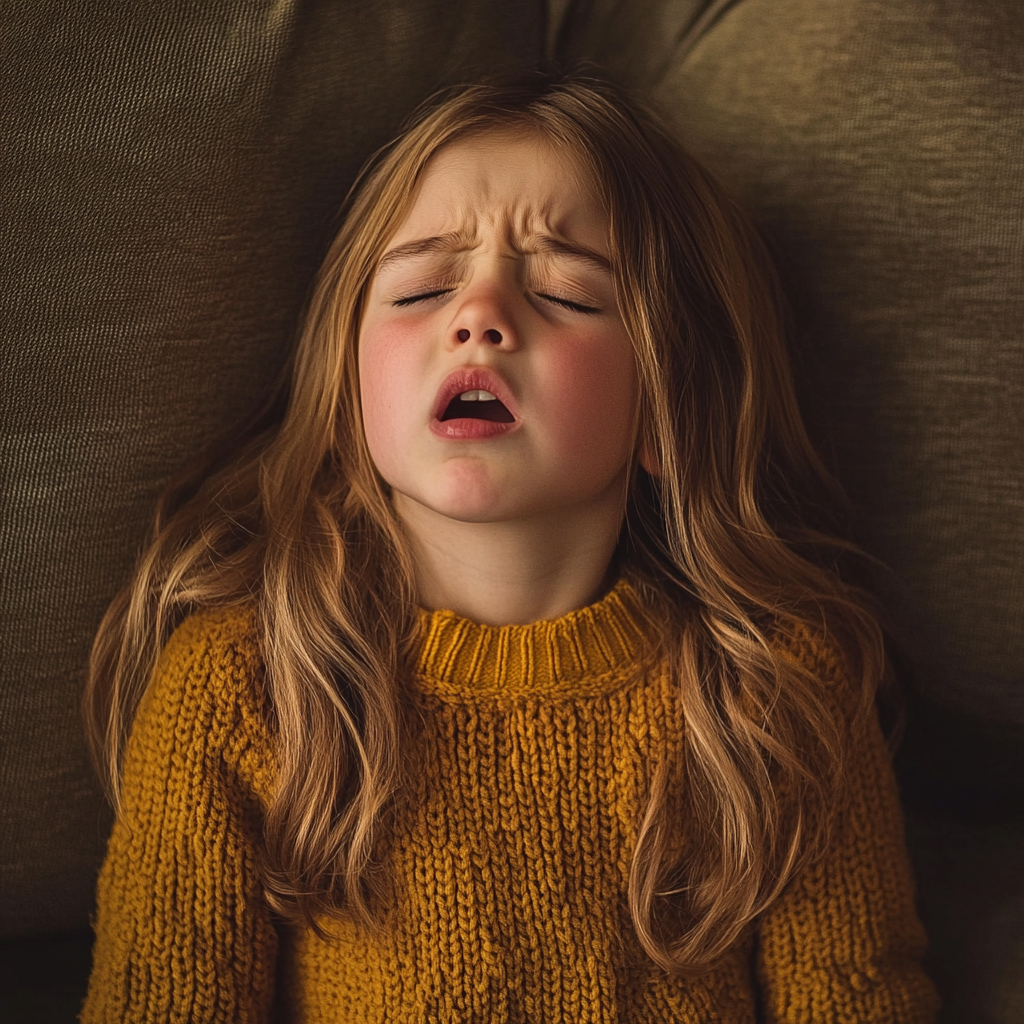 Una niña disgustada sentada en un sofá | Fuente: Midjourney