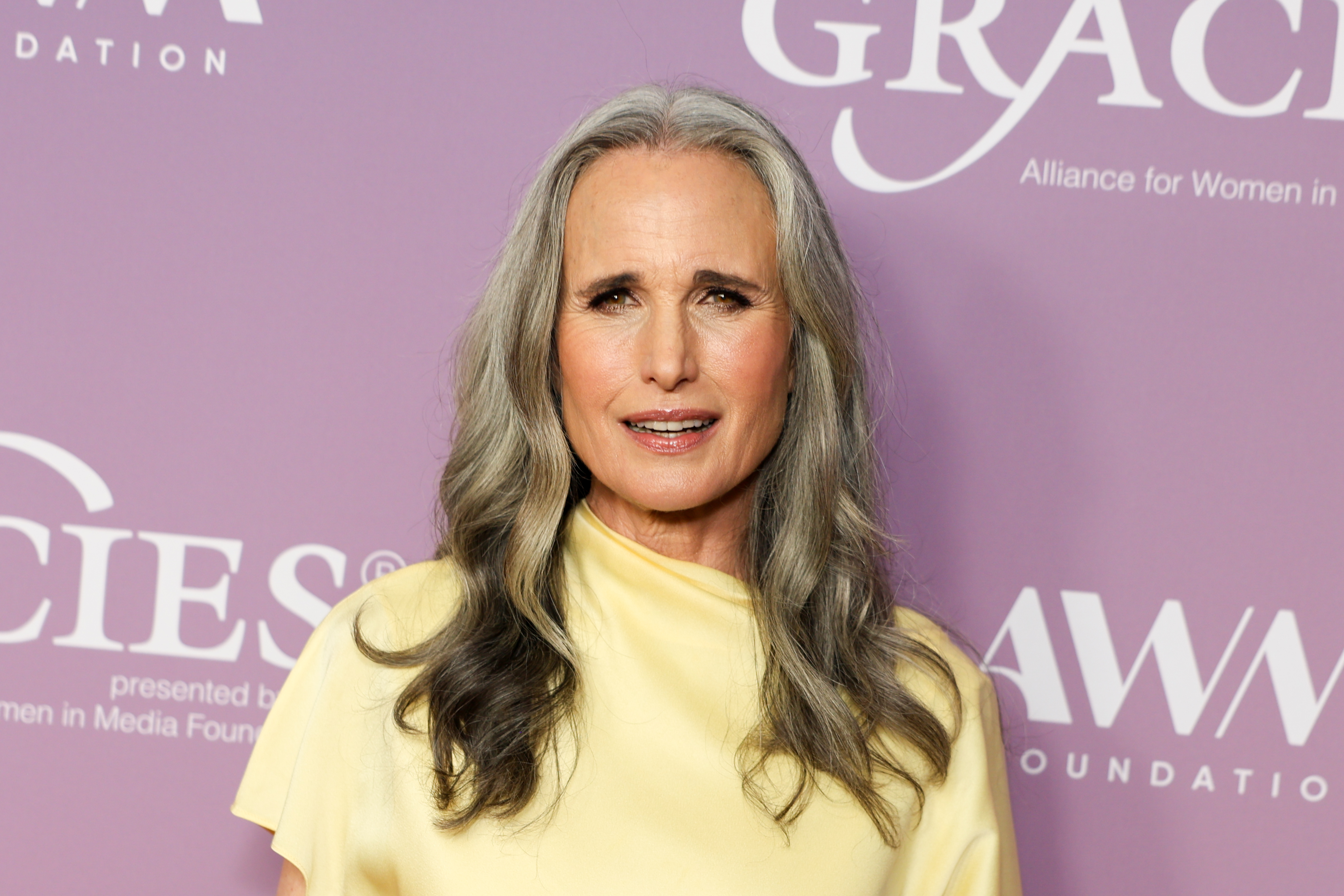 El pelo plateado natural de Andie MacDowell se ha convertido en uno de sus rasgos más característicos, un look que adoptó gracias al apoyo de sus hijos, a pesar de las dudas iniciales de sus representantes. | Fuente: Getty Images