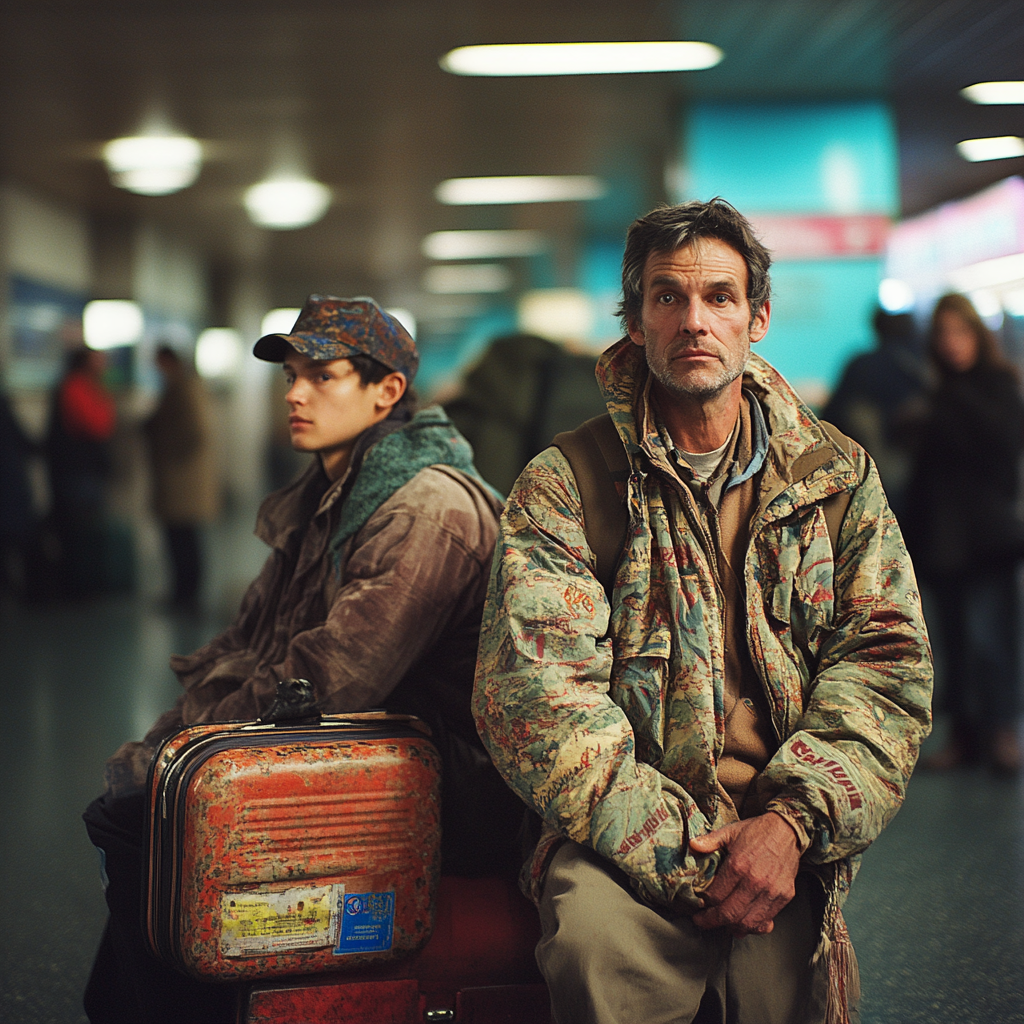 Un padre y su hijo en la terminal de autobuses | Fuente: Midjourney