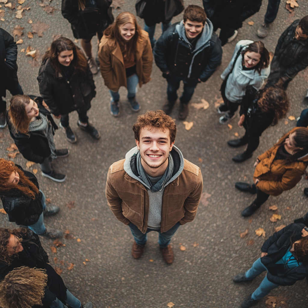 Un joven sonriente en medio de un círculo de gente | Fuente: Midjourney