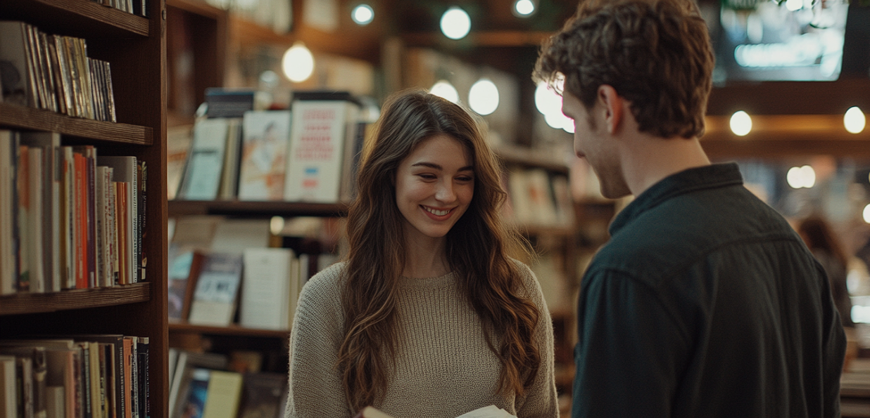 Una mujer y un hombre en una librería | Fuente: Midjourney