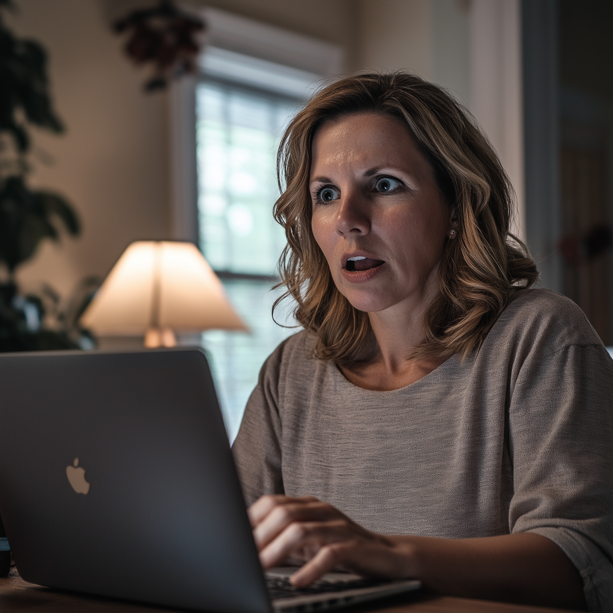 Una mujer conmocionada mirando la pantalla de su portátil | Fuente: Midjourney